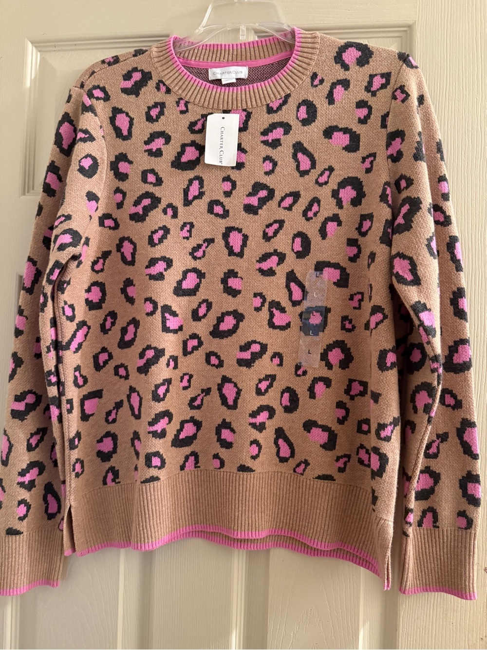 Charter Club Women's Tan Leopard Print Sweater Pink Accents Size Large Misses.
